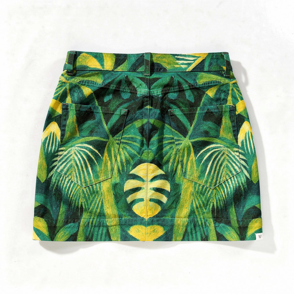 Denim Mini Skirt Green Leaves