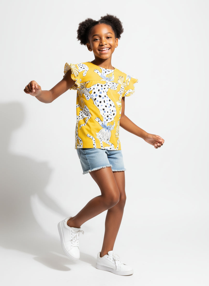 Kid's Ruffled Sleeve Top in Sketching Summer Yellow