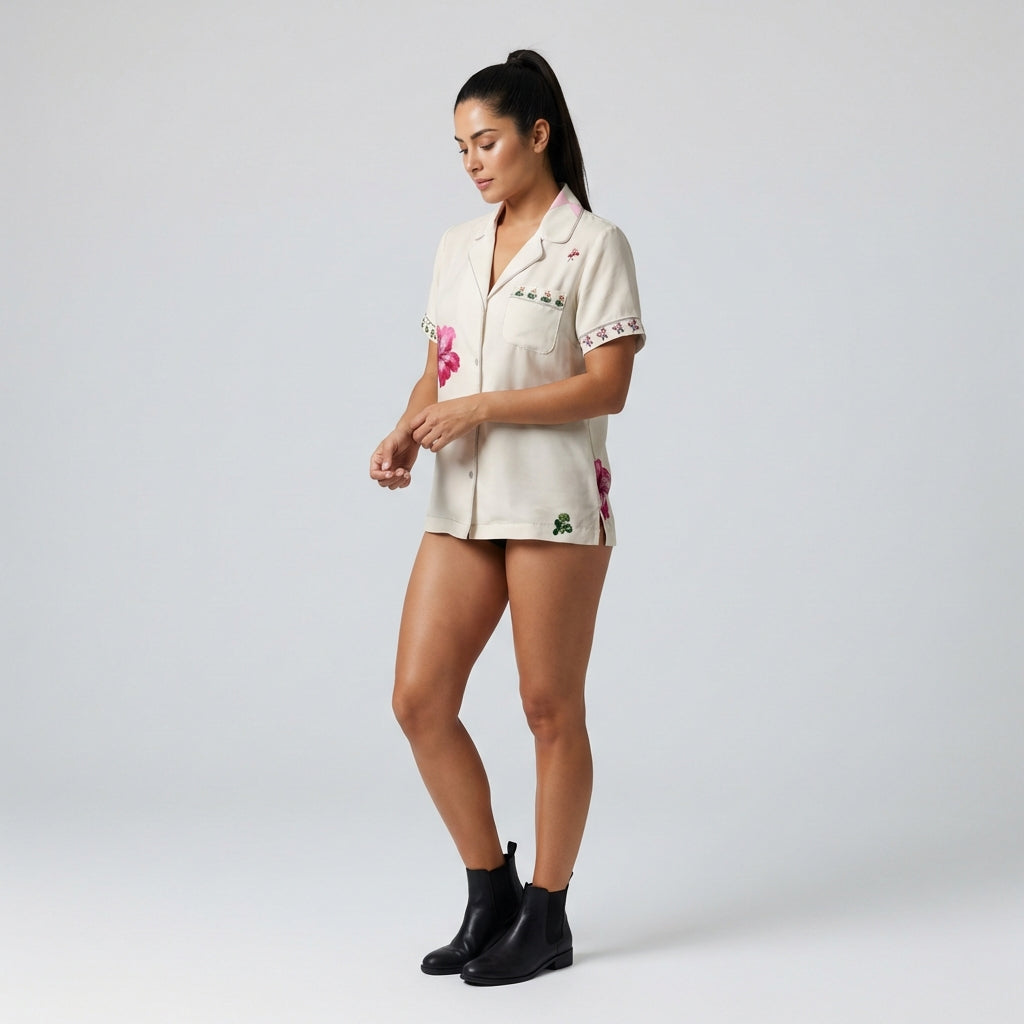 Beige - Floral - PJ Top