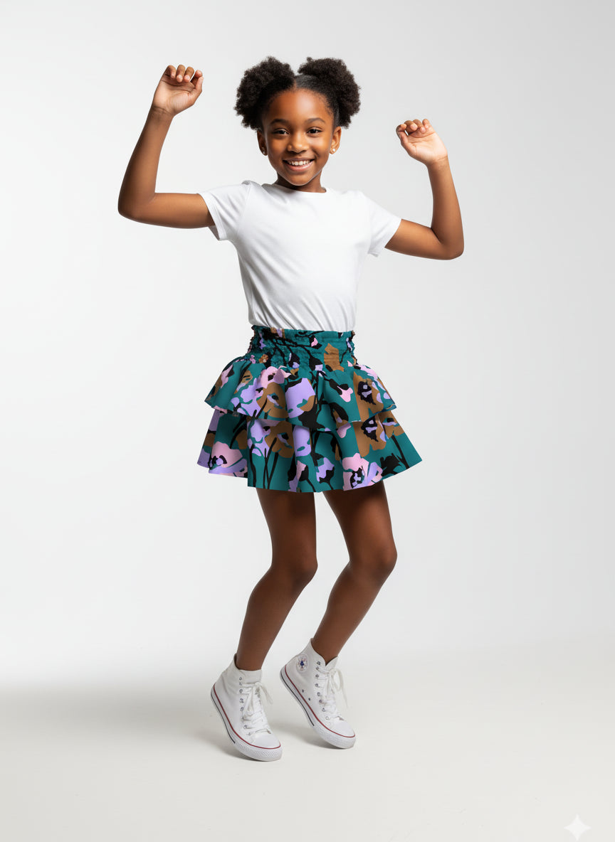Kid's Smocked Ruffle Skirt in Dini's Teal Floral