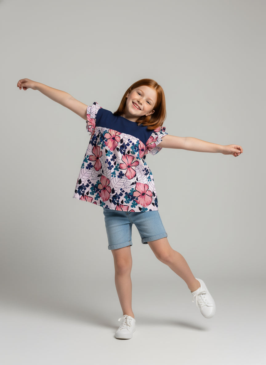 Girls Floral and Navy Ruffled Sleeve Top
