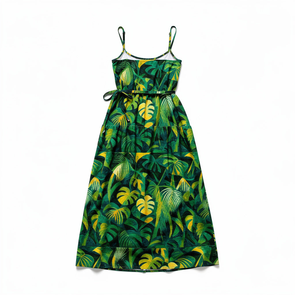 Maxi Dress with Waist Tie Green Leaves