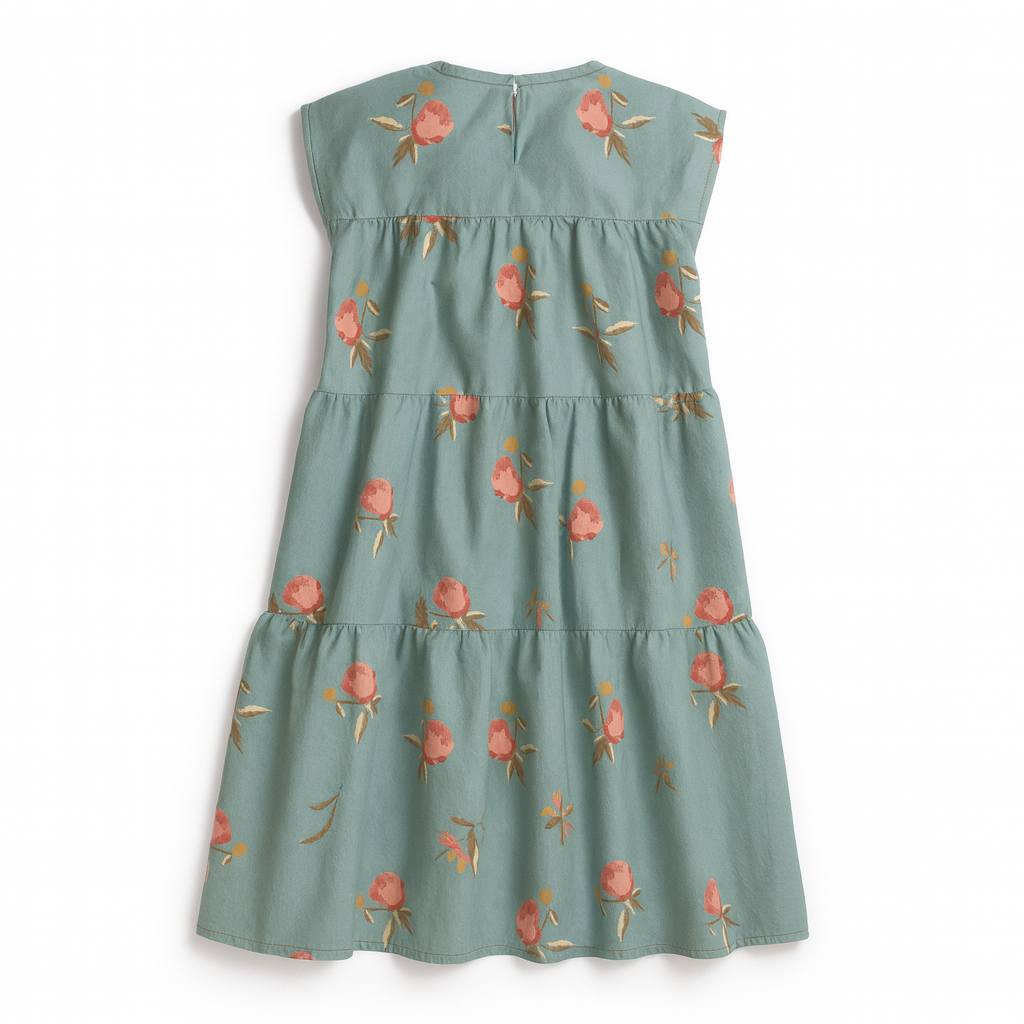 Kid's Ruffle Dress Without Lining in Belle Bloom in Light Blue in Light Cotton Slub
