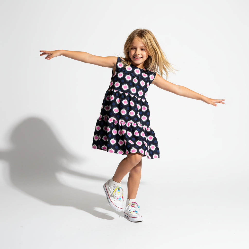 Kid's Ruffle Dress Without Lining in Ink Tie Dye