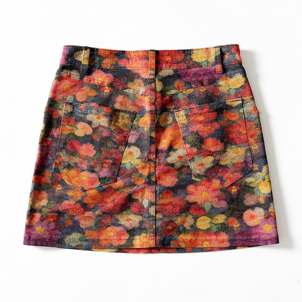 Cropped Denim Mini Skirt Red Flower Bed
