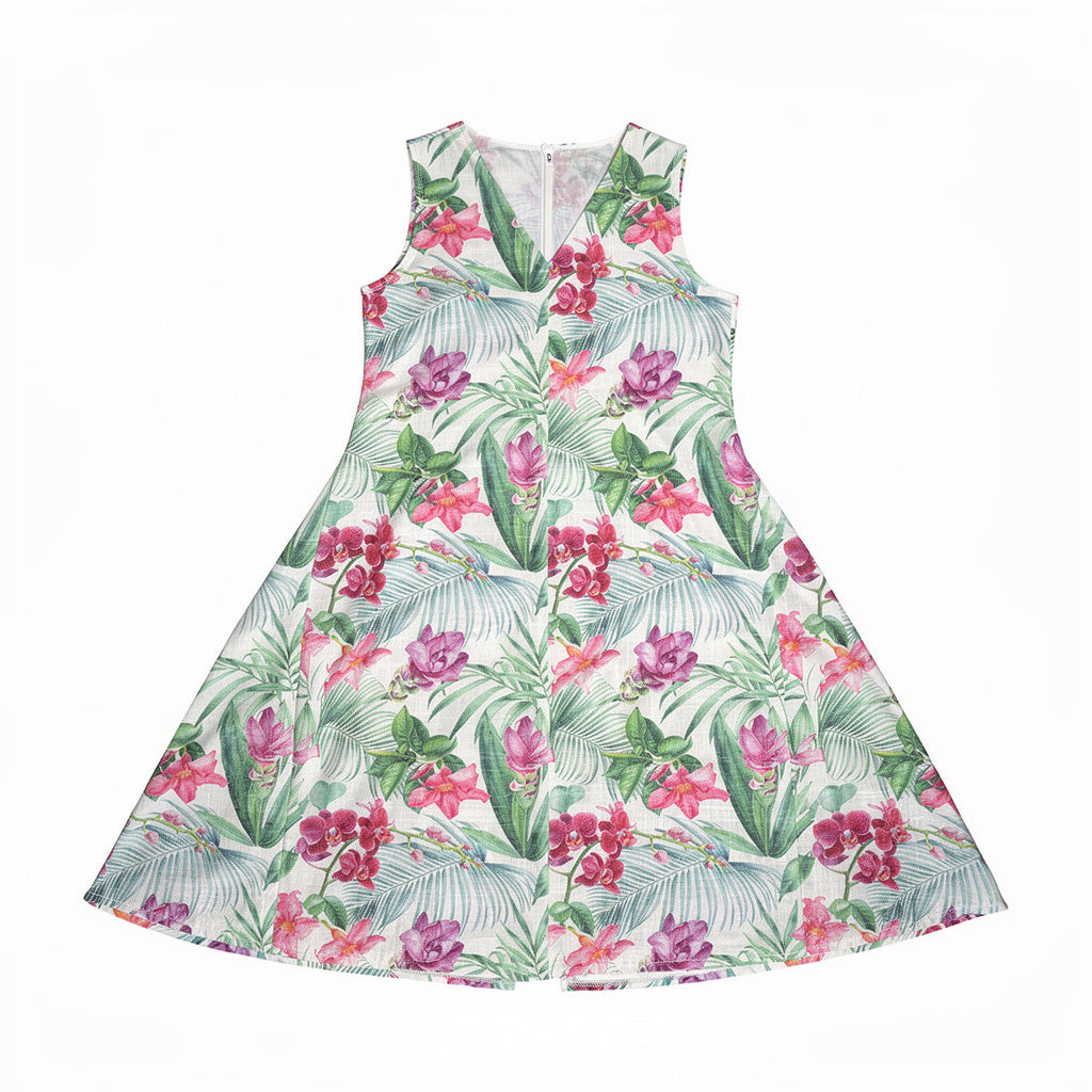 V-Neck A-Line Linen Dress – White Tropical Floral