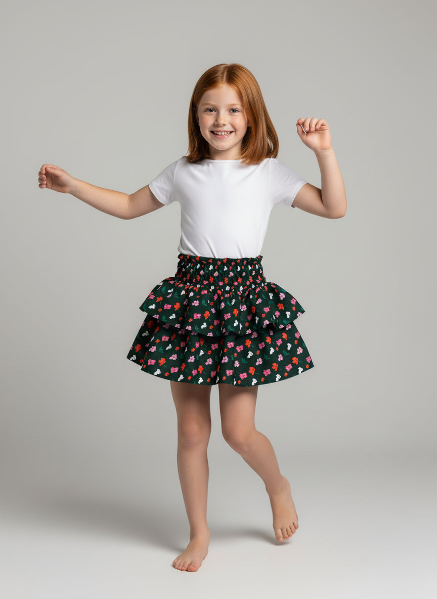 Kid's Smocked Ruffle Skirt in Evergreen Painted Poppies