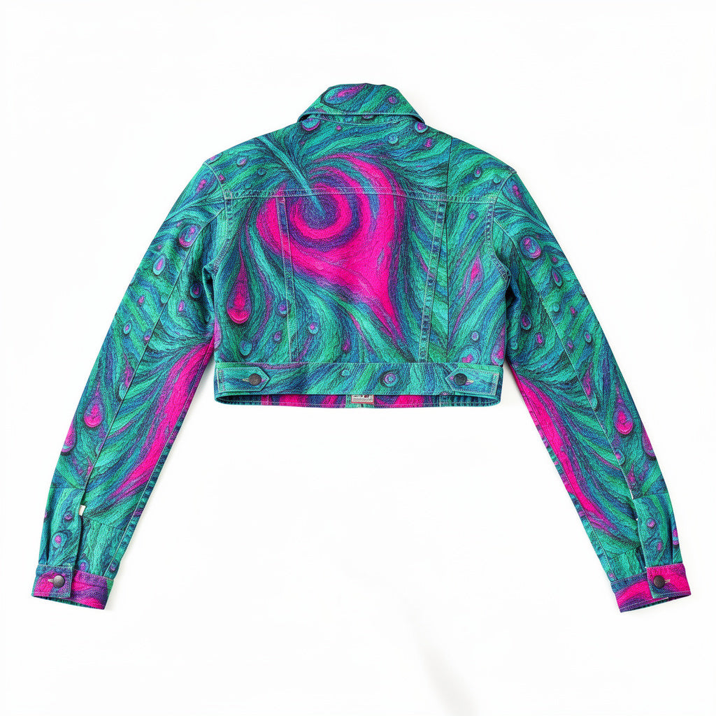 Cropped Jean Cotton Jacket Teal Peacock Feather