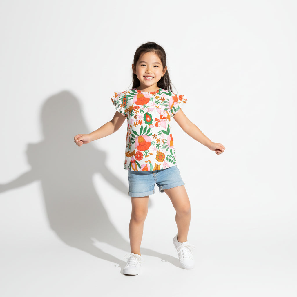 Kid's Ruffled Sleeve Top in Ecru Dutch Blossoms