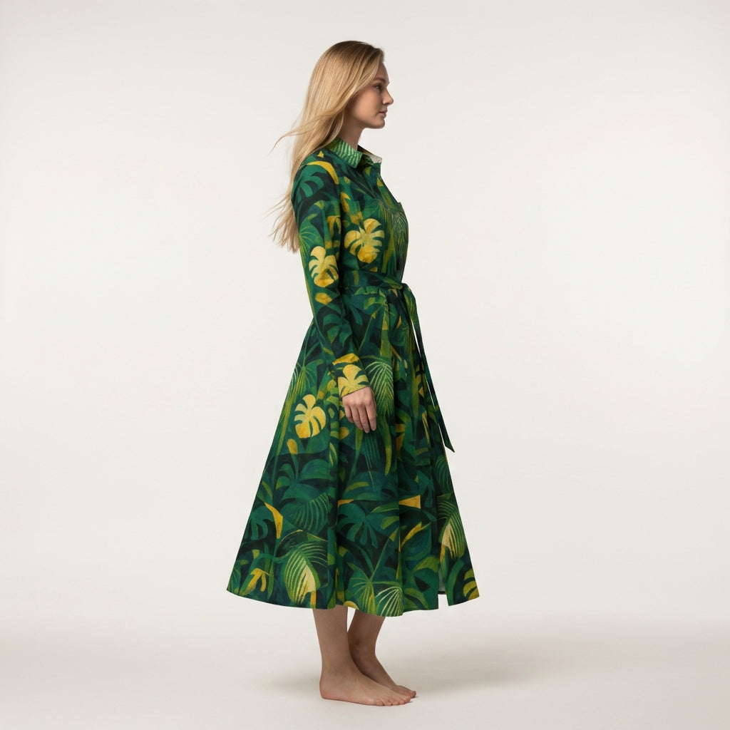 Button Front Shirt Dress Green Leaves