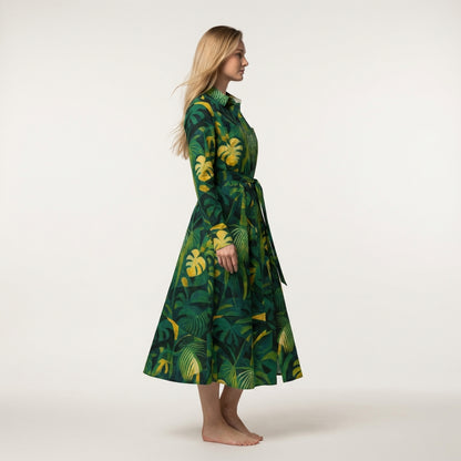 Button Front Shirt Dress Green Leaves