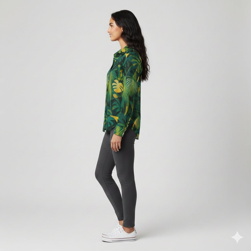 Button Front Shirt Green Leaves