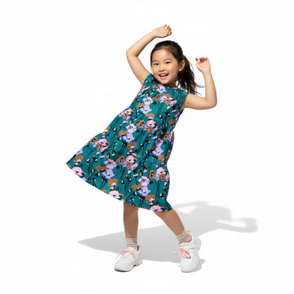 Kid's Ruffle Dress Without Lining in Dini's Teal Floral