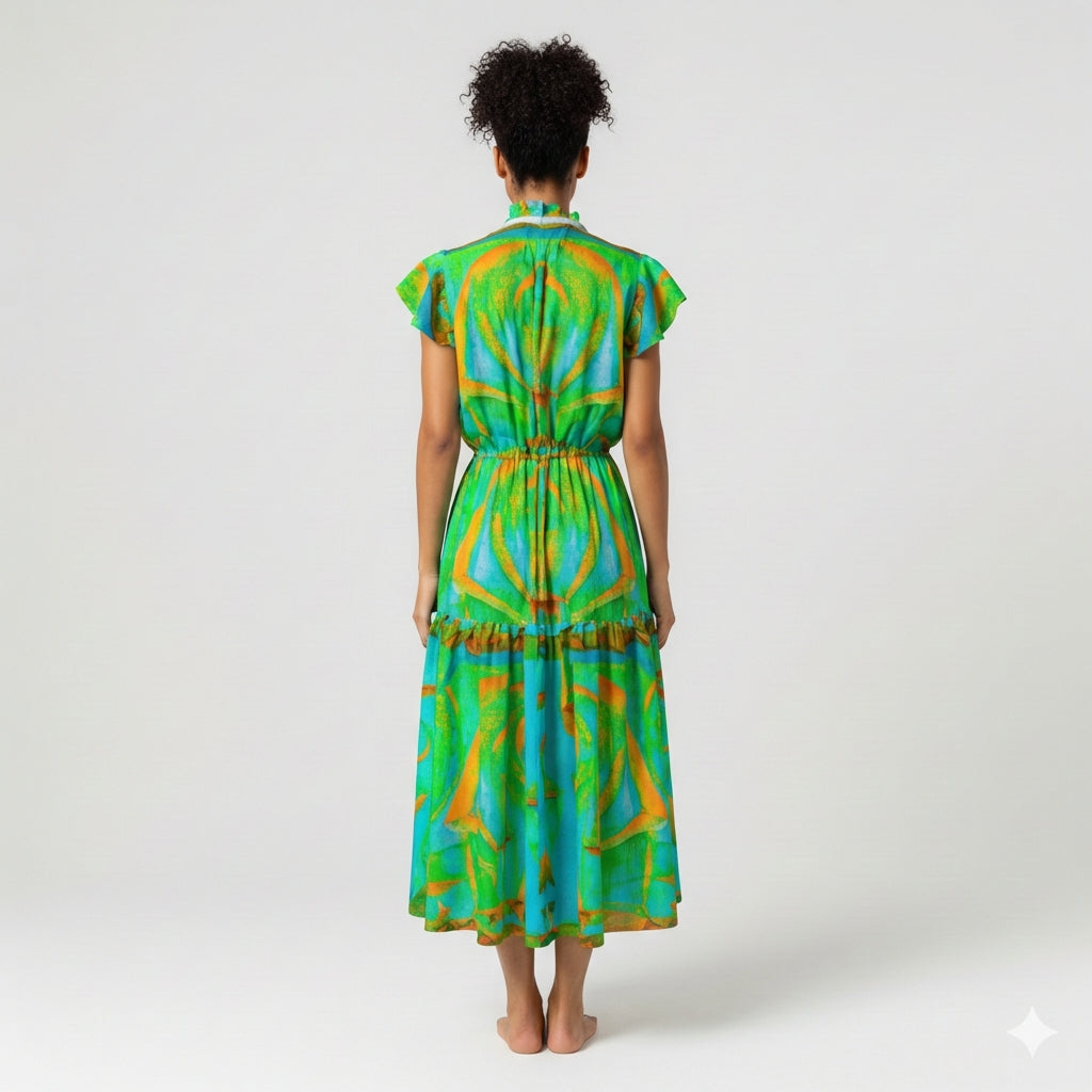 Ruffle Sleeve Dress Palm Tree Island