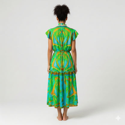 Ruffle Sleeve Dress Palm Tree Island
