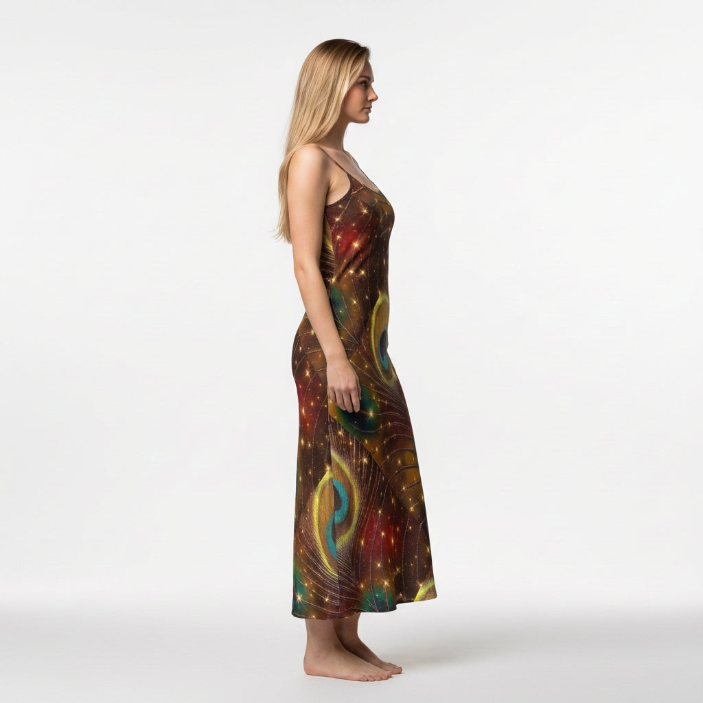 Bias Slip Dress Golden Peacock Feather