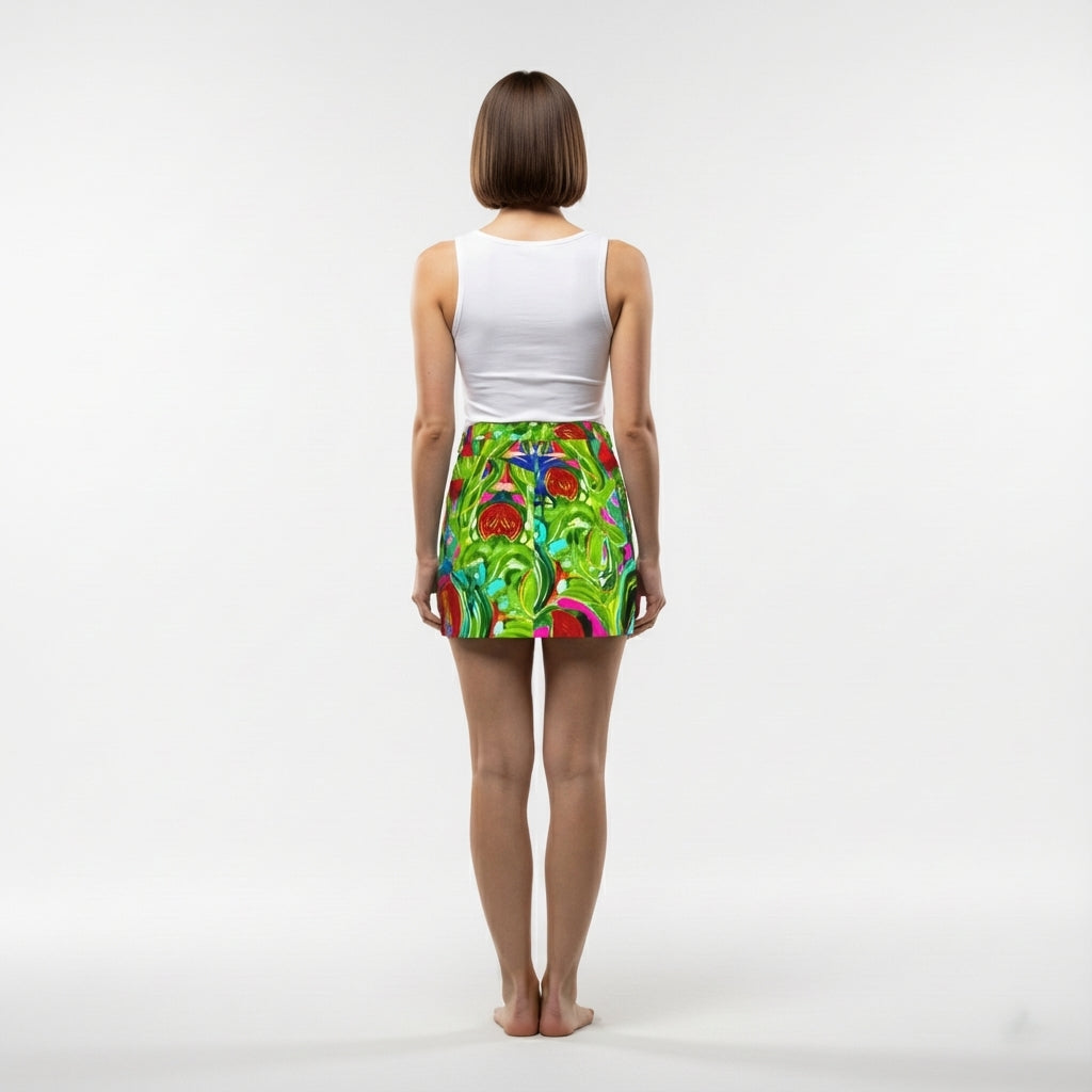 Denim Mini Skirt in Abstract Watercolor Print