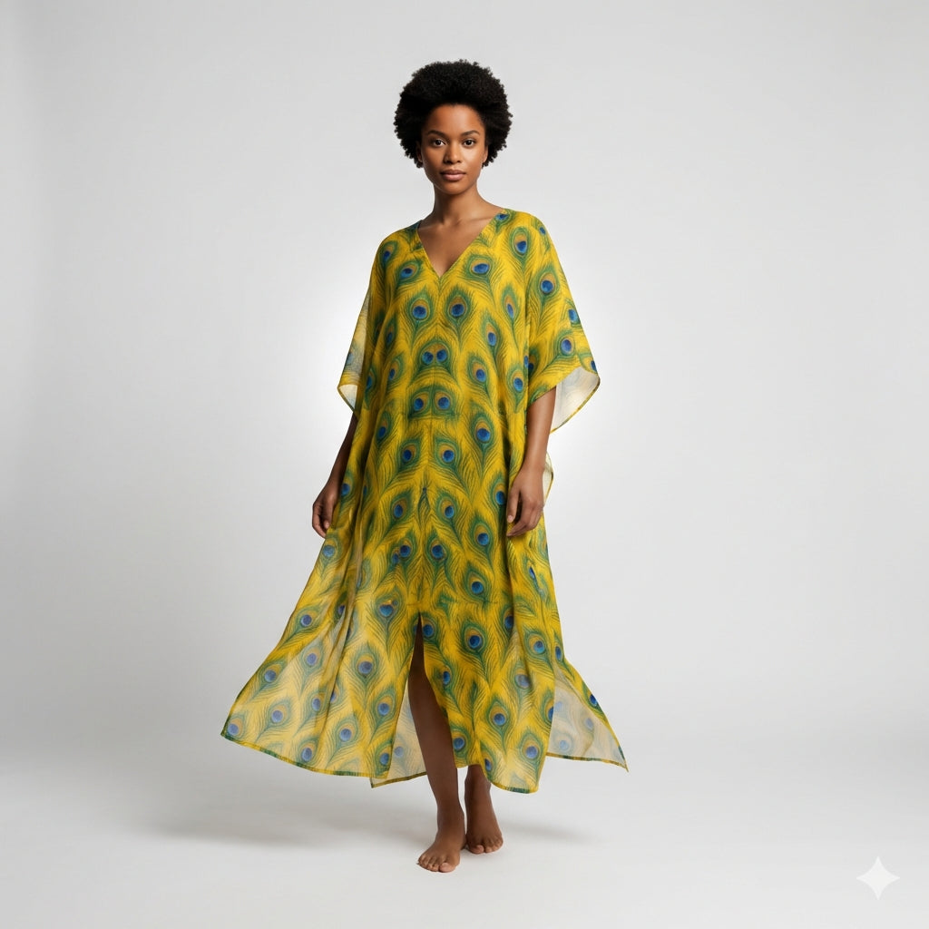 Caftan Yellow Flowers in Organic Cotton Voile