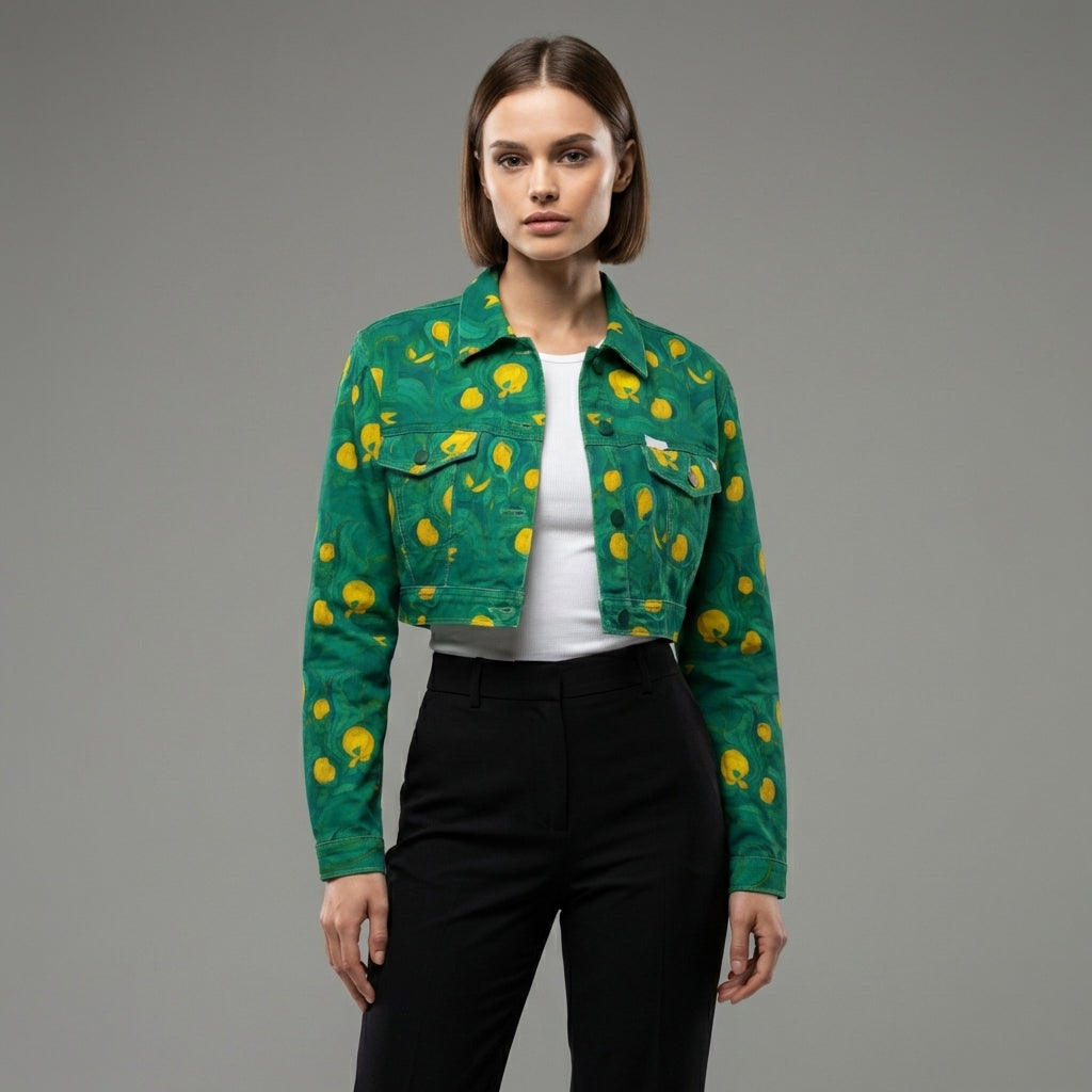 Cropped Jean Cotton Jacket Yellow Flowers