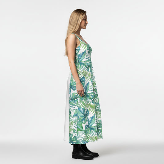 V-Neck A-Line Palm Dress in White Organic Cotton Twill