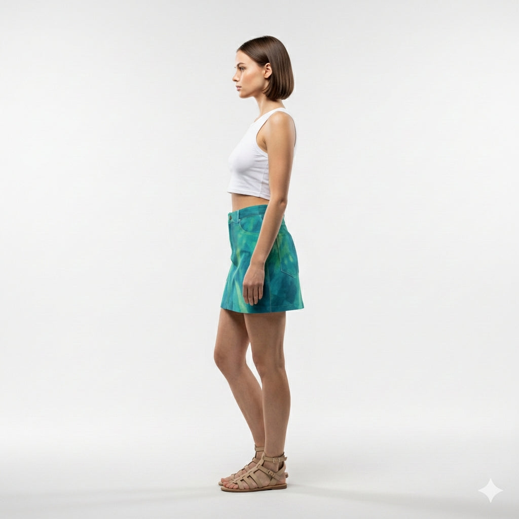 Denim Mini Skirt Turquoise Watercolors