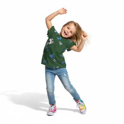 Kid's Ruffled Sleeve Top in Emerald Fluttering Butterflies