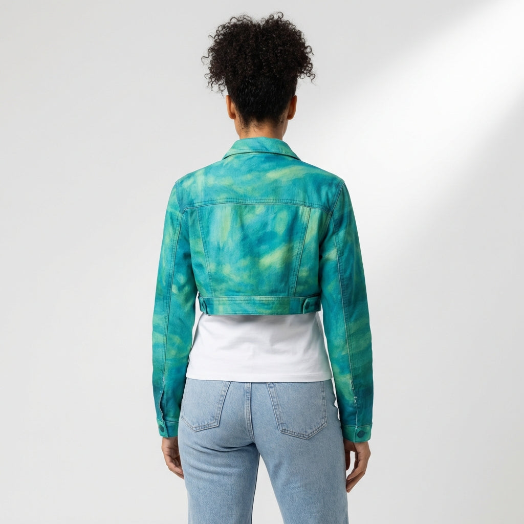 Cropped Jean Cotton Jacket Turquoise Watercolors