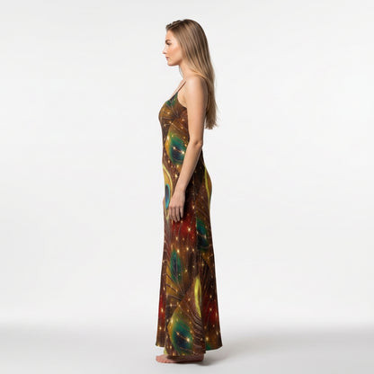 Bias Slip Dress Golden Peacock Feather