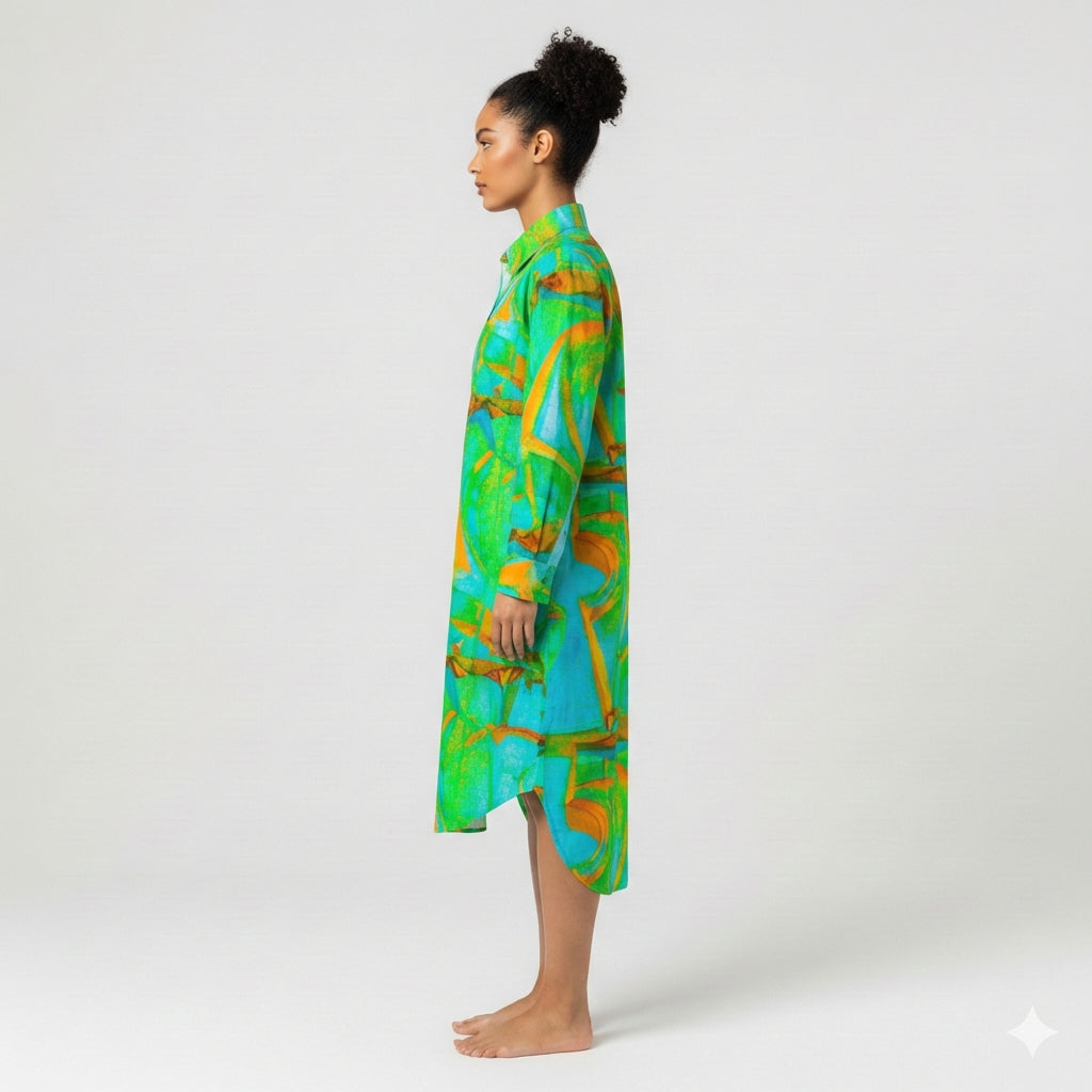 Long Sleeve Shirt Dress Palm Tree Island