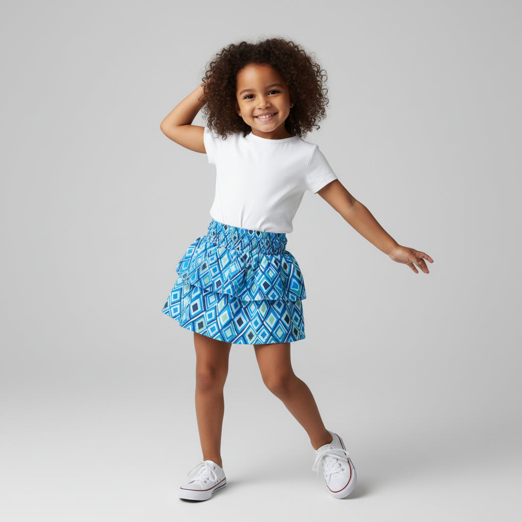 Kid's Smocked Ruffle Skirt in Aqua Argyle