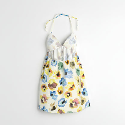 Halter Babydoll Dress in Watercolor Floral Cotton Poplin