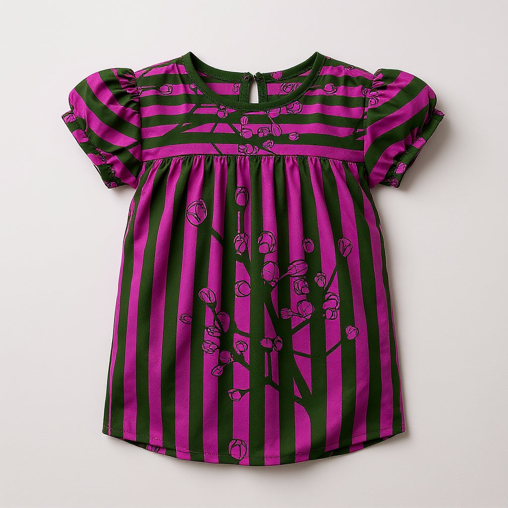 Purple & Green Florals Ruffles Sleeve Top