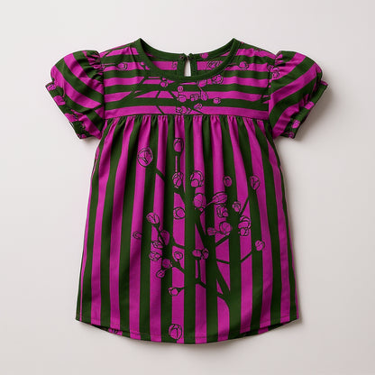 Purple & Green Florals Ruffles Sleeve Top