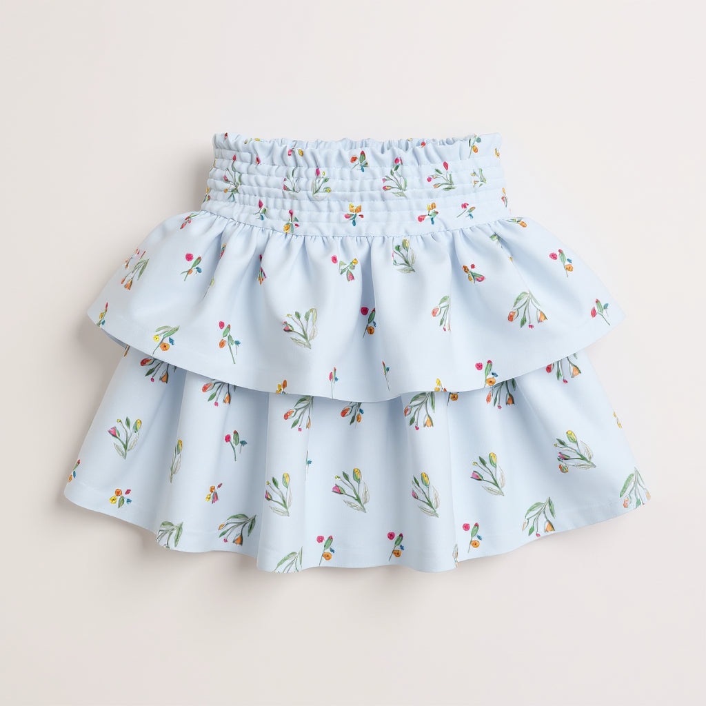 Kid's Smocked Ruffle Skirt in Sky Blue Primrose