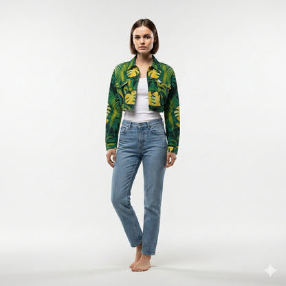 Cropped Jean Cotton Jacket Green Leaves