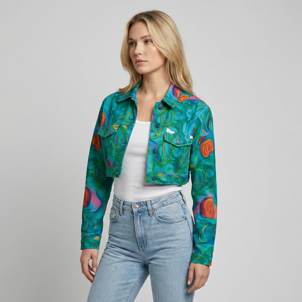 Cropped Jean Cotton Jacket Floral Swamp