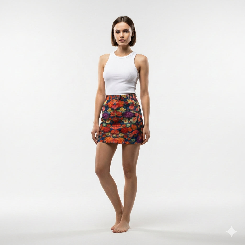 Cropped Denim Mini Skirt Red Flower Bed