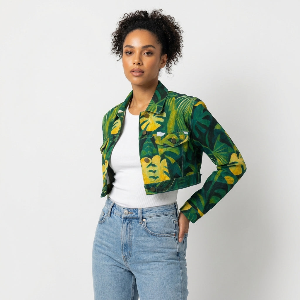Cropped Jean Cotton Jacket Green Leaves