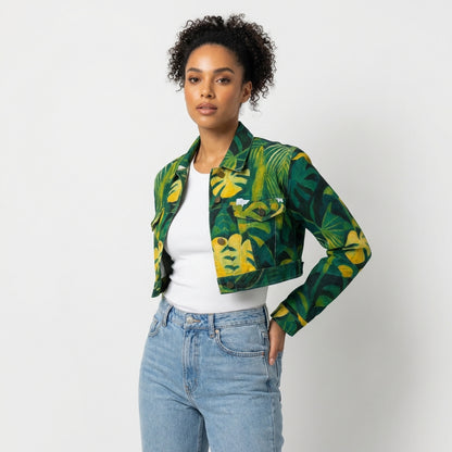 Cropped Jean Cotton Jacket Green Leaves