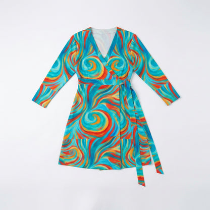 Wrap Dress Cyan Swirls – Traditional Jersey Wrap Dress