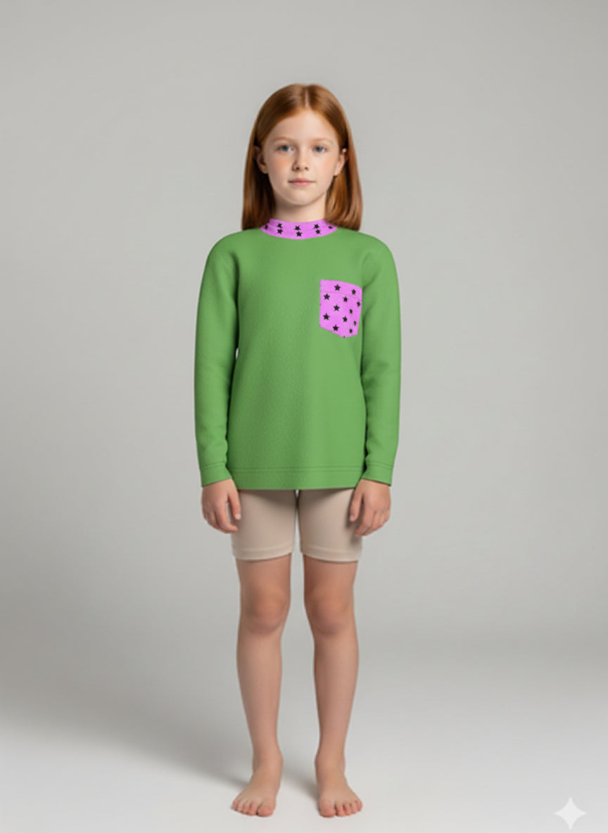 Long Sleeve Pocket T-Shirt in Green with Star Detail