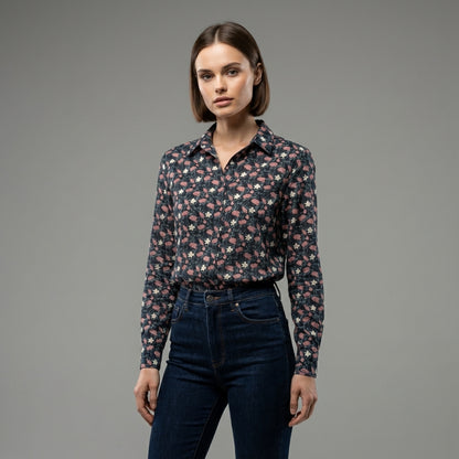 Feminine Floral Button Down Shirt with Handpainted Roses on Navy background