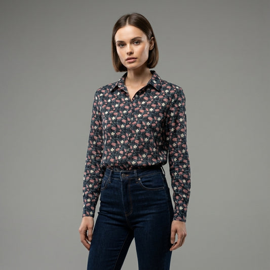 Feminine Floral Button Down Shirt with Handpainted Roses on Navy background