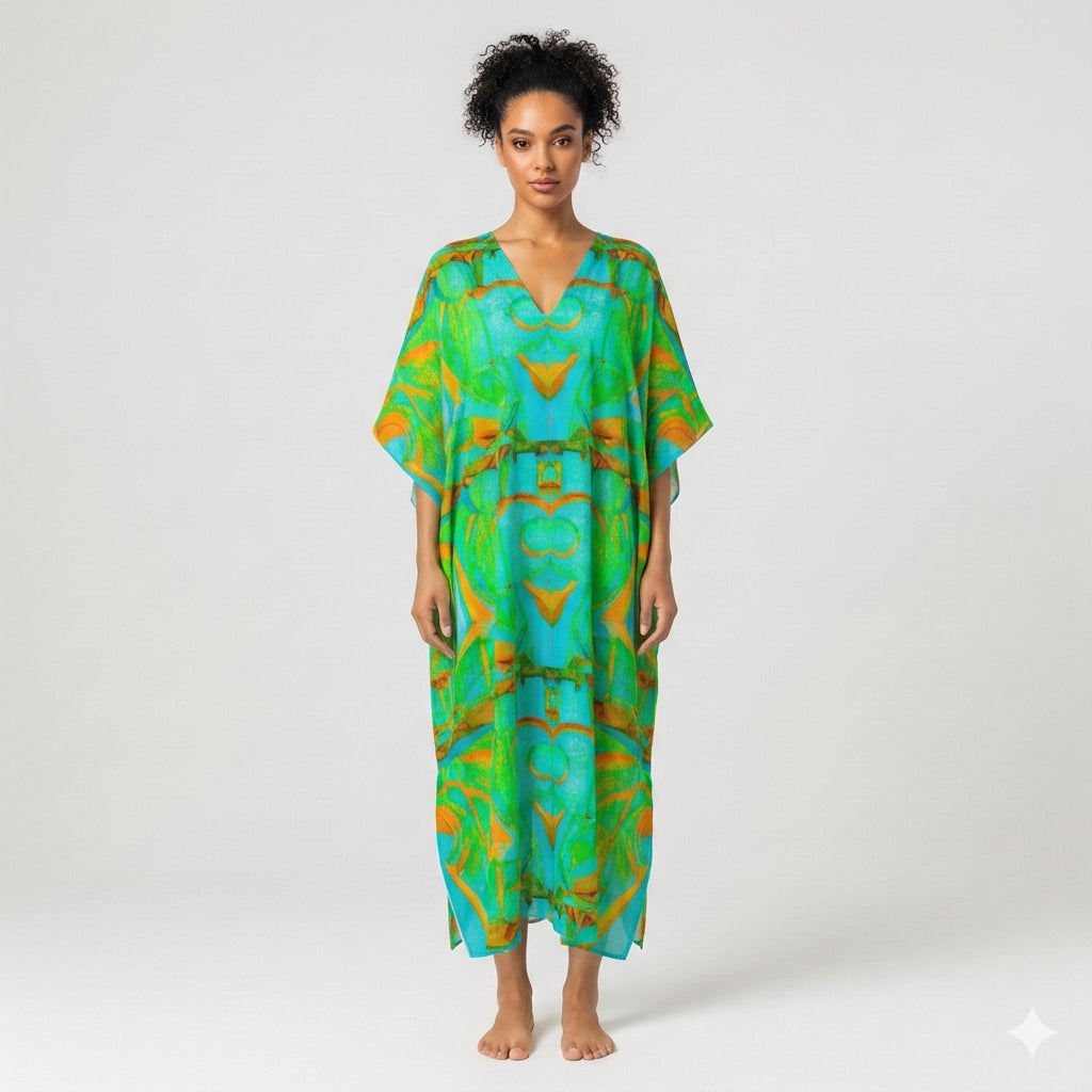 Caftan Palm Tree Island in Lightweight Organic Cotton Voile