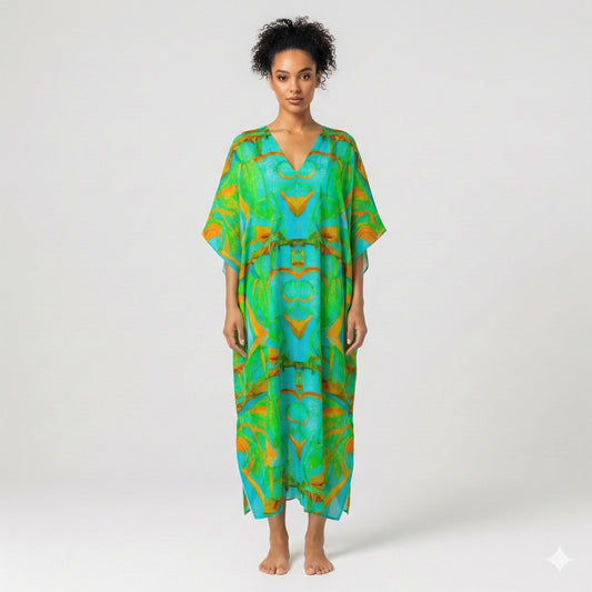 Caftan Palm Tree Island in Lightweight Organic Cotton Voile