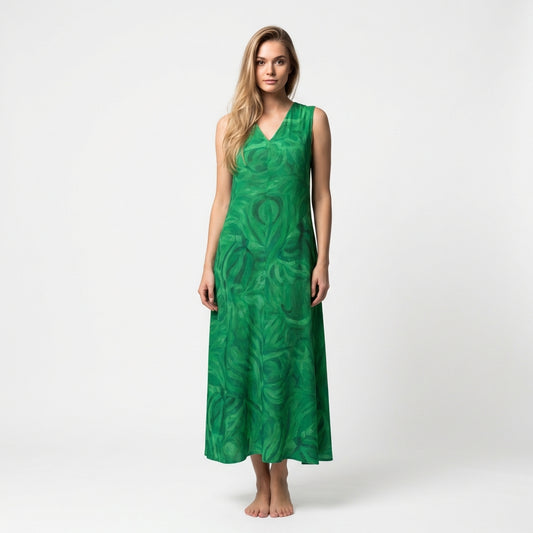 V-Neck A-Line Dress Dark Green Noddles