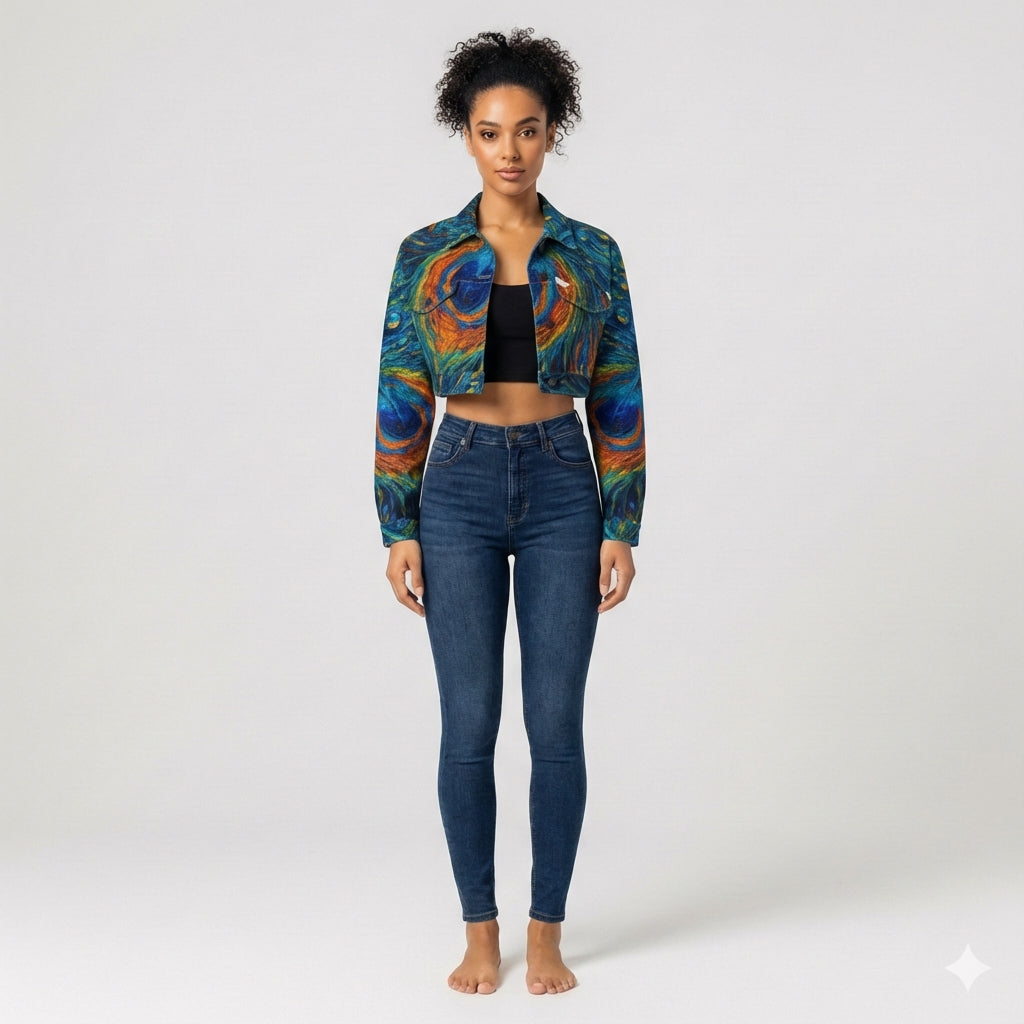 Cropped Jean Cotton Jacket Orange Peacock Feather