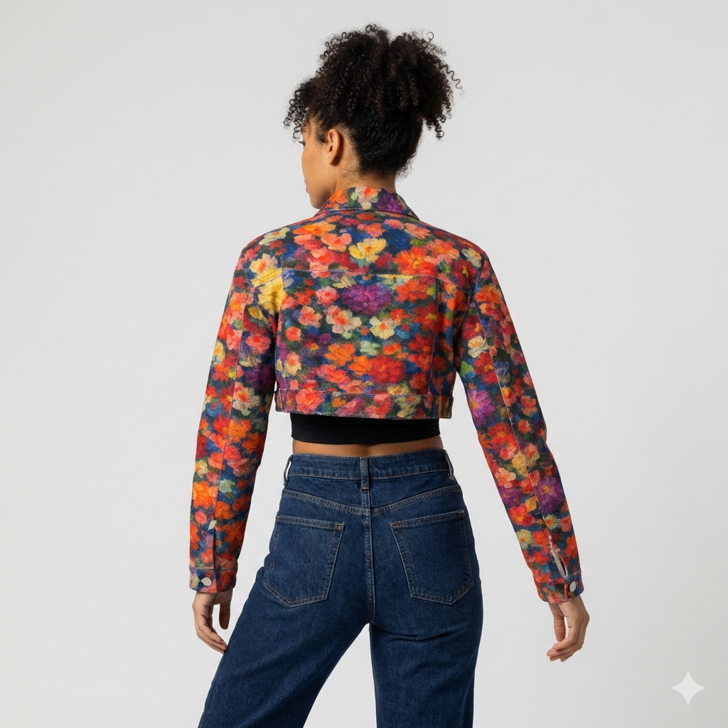 Cropped Jean Cotton Jacket Red Flower Bed