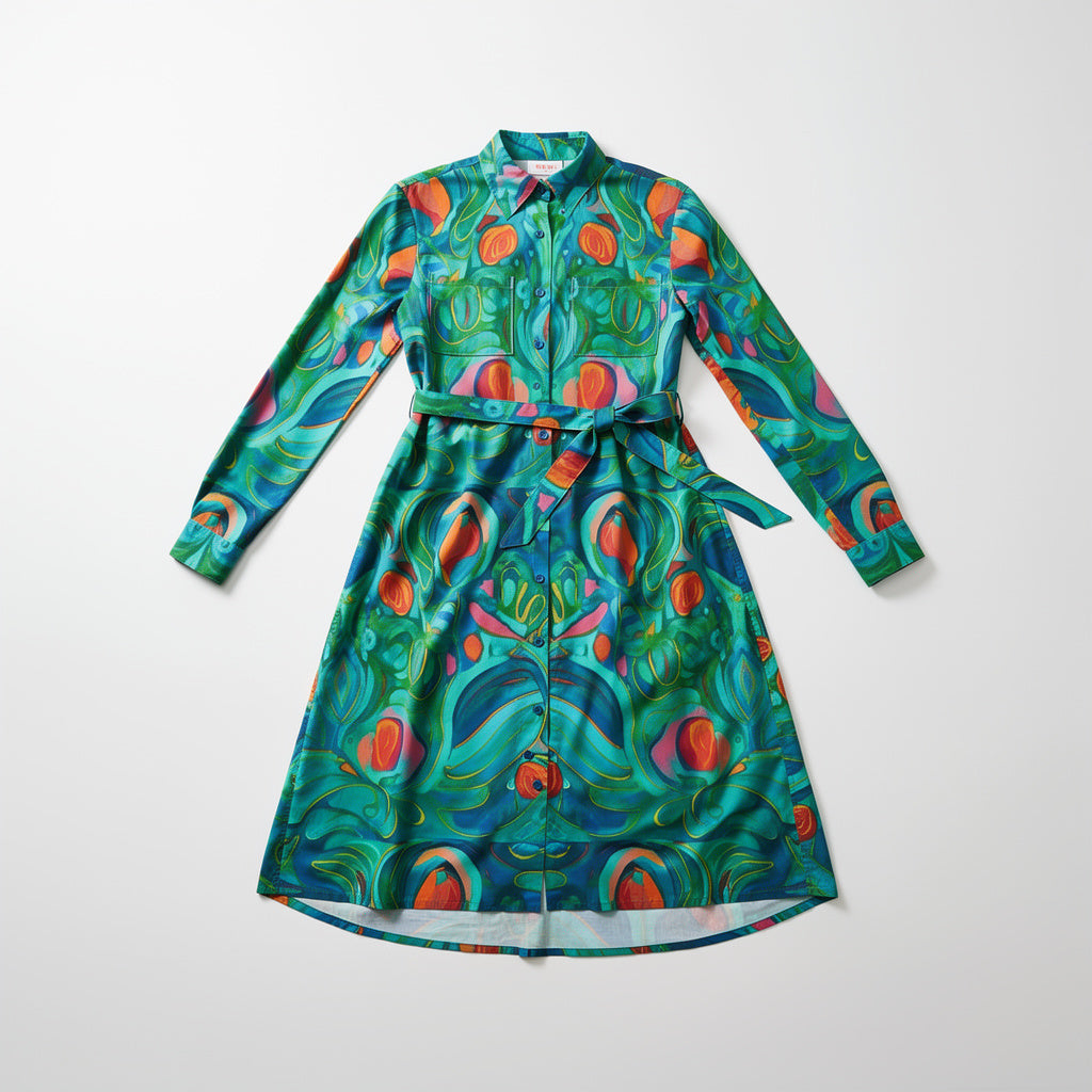 Button Front Shirt Dress Floral Swamp in Lightweight Cotton Poplin