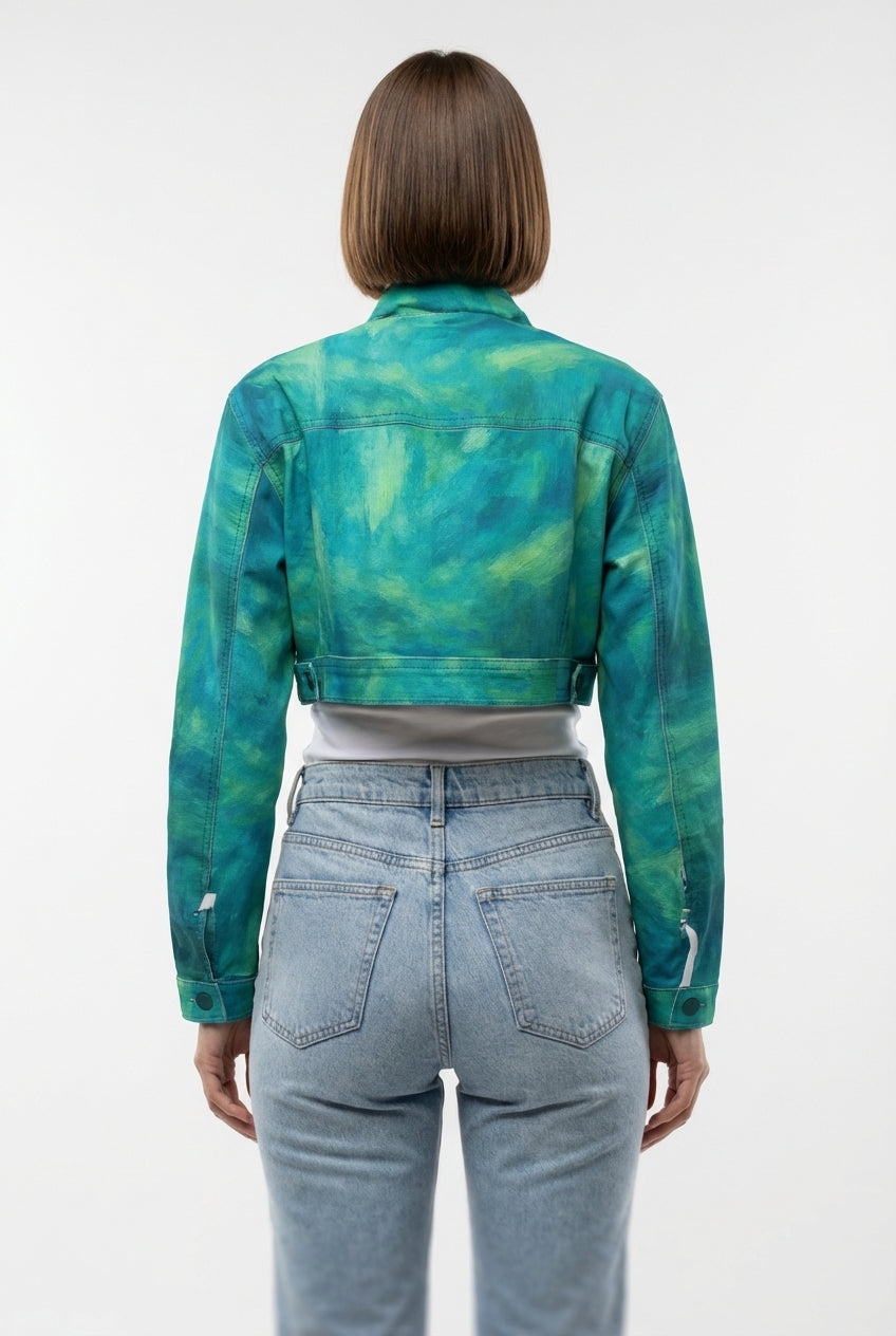 Cropped Jean Cotton Jacket Turquoise Watercolors